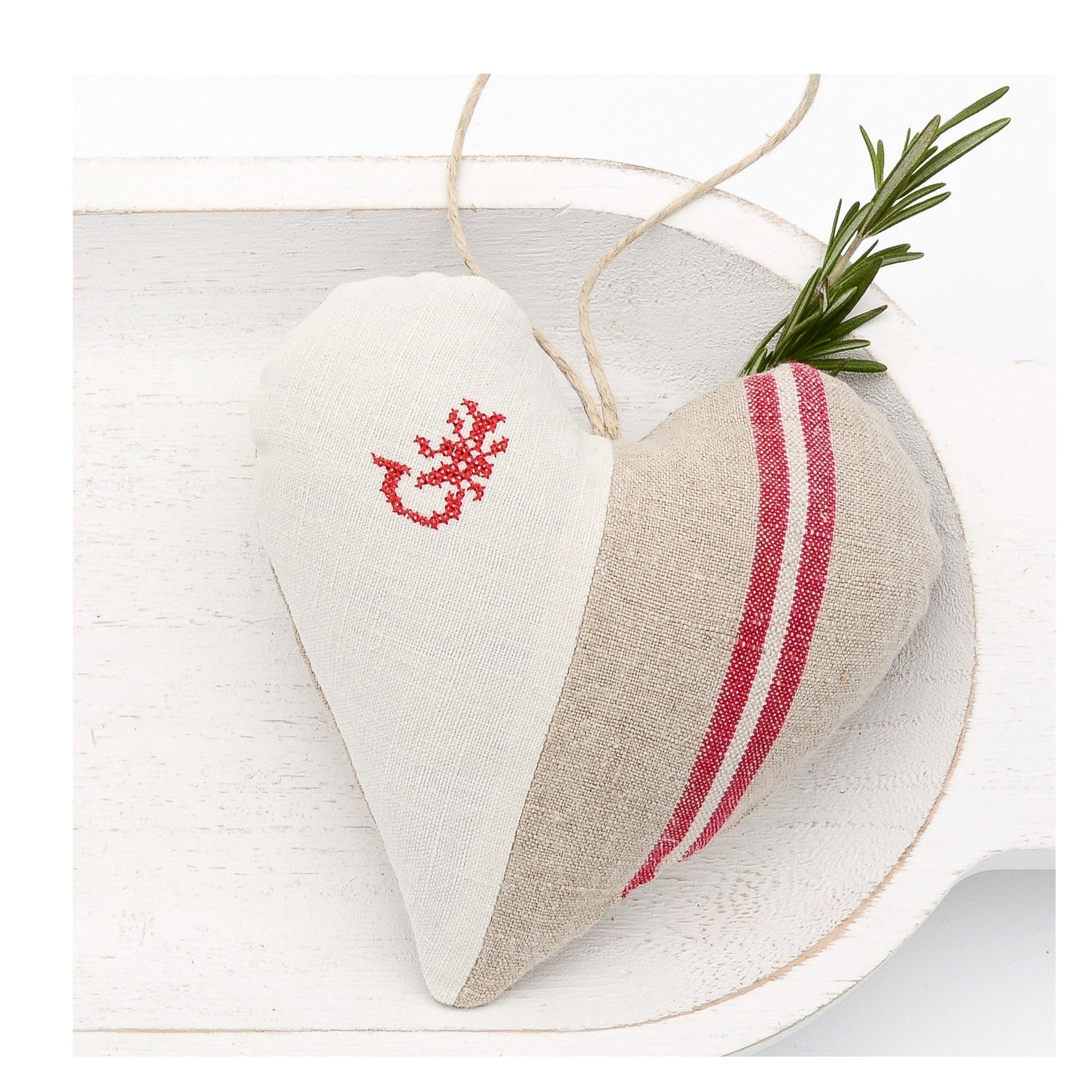 Antique European white linen and red-striped German mangle cloth natural tone linen lavender sachet heart, letter "J" monogram (all letters available) embroidered in red cross stitch, hemp twine tie, filled with high quality lavender from Provence France