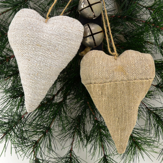 Rustic Linen Christmas Decoration - Two Hearts