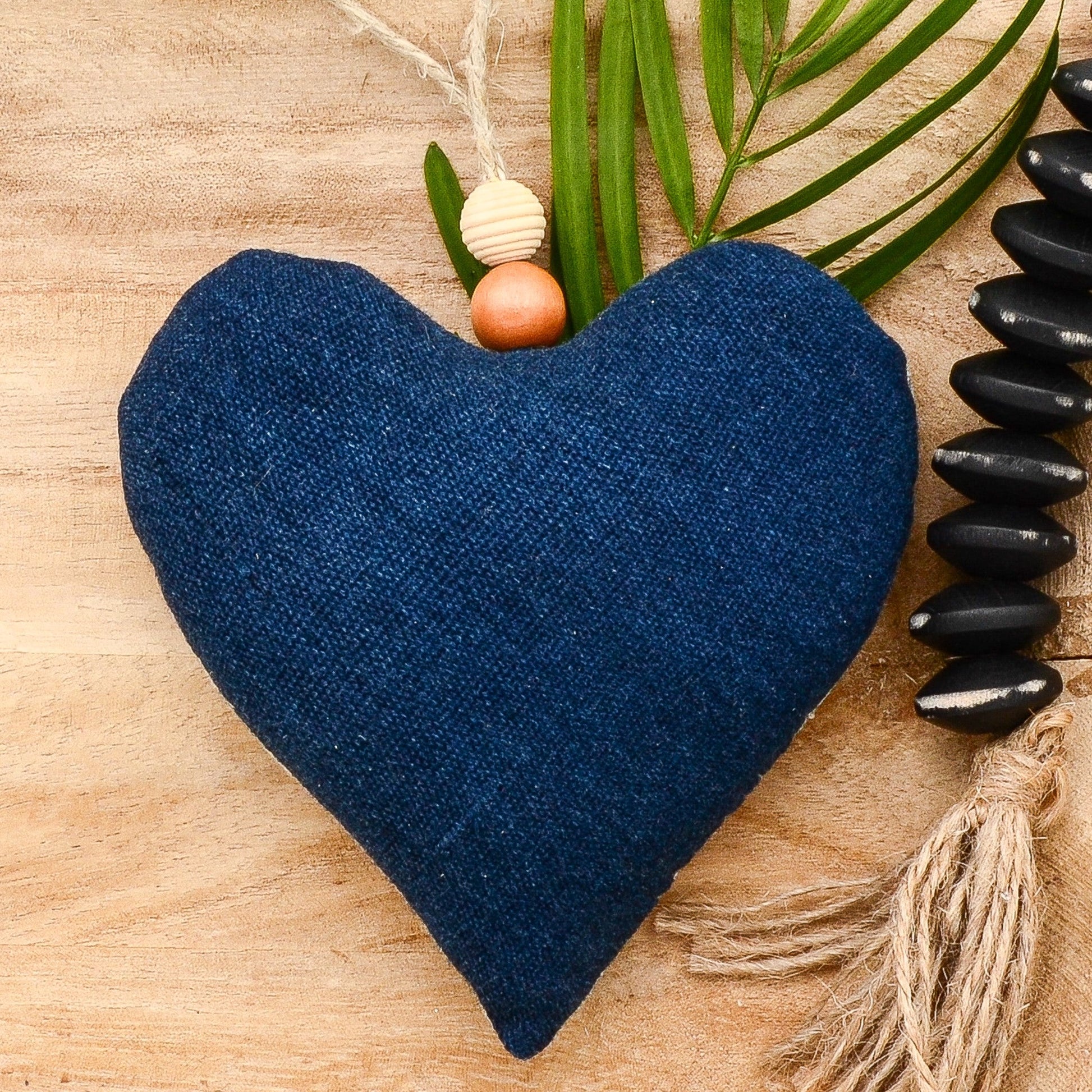 Lavender sachet heart made from vintage handwoven indigo cotton cloth from Africa, deep rich blue color, hemp twine tie with wooden beads, filled with high quality lavender from Provence France