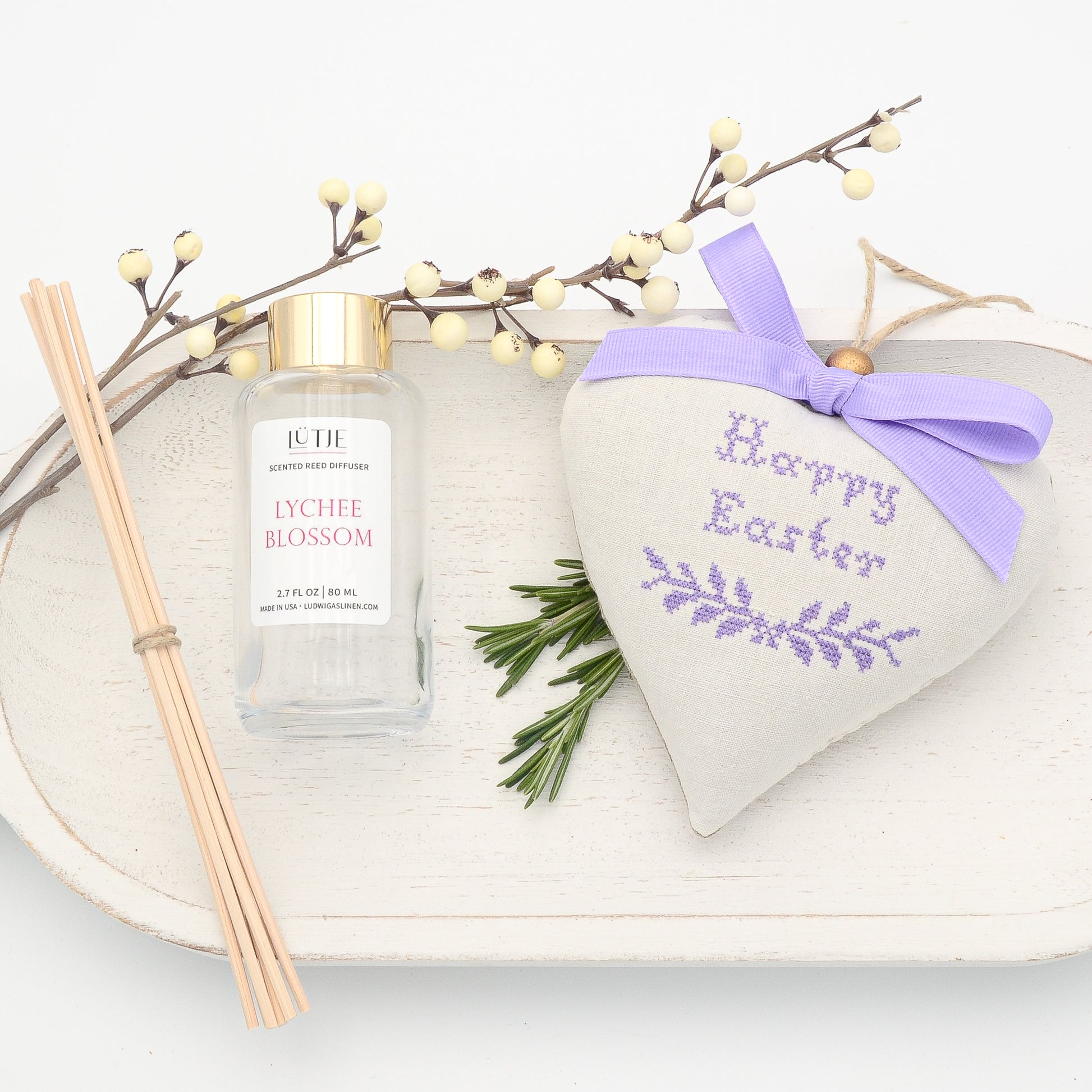 Lychee Blossom Reed Diffuser with Happy Easter Lavender Sachet Heart