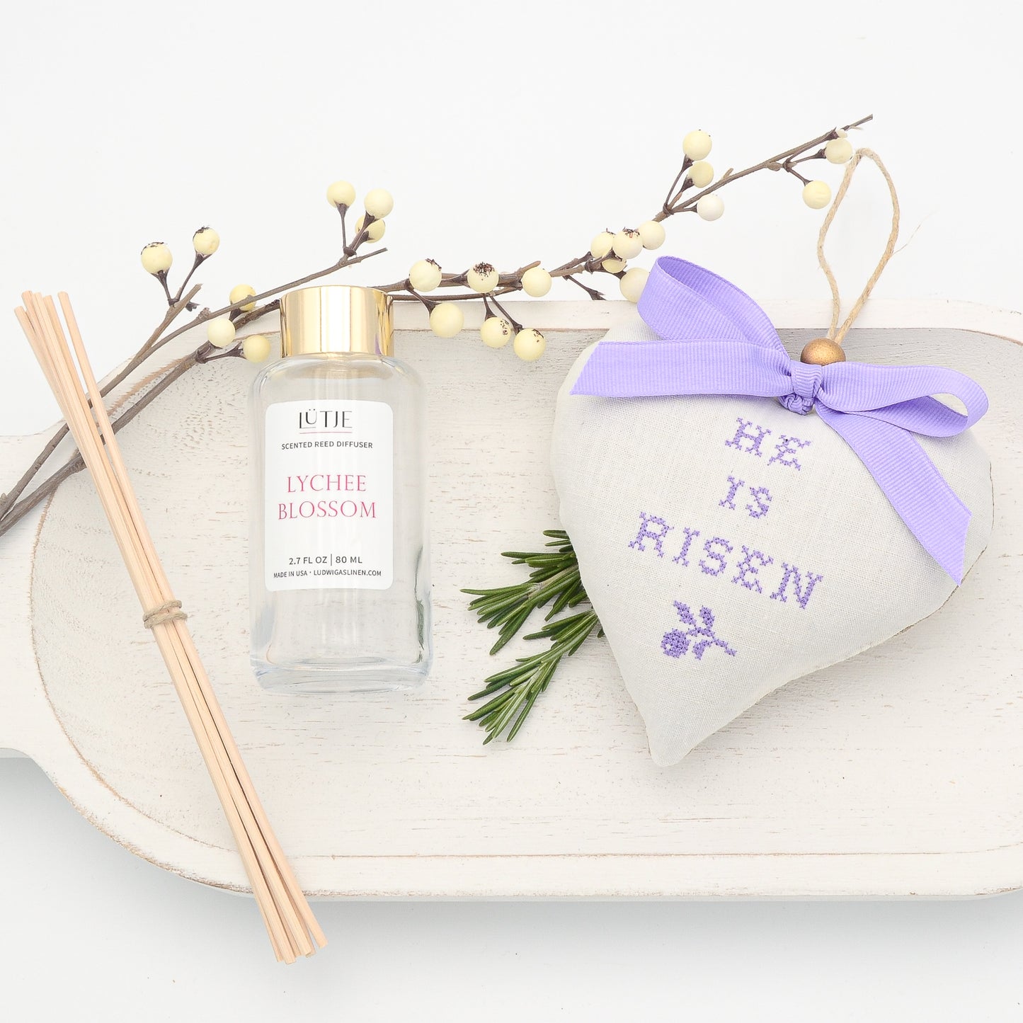 Lychee Blossom Reed Diffuser with He Is Risen  Lavender Sachet Heart