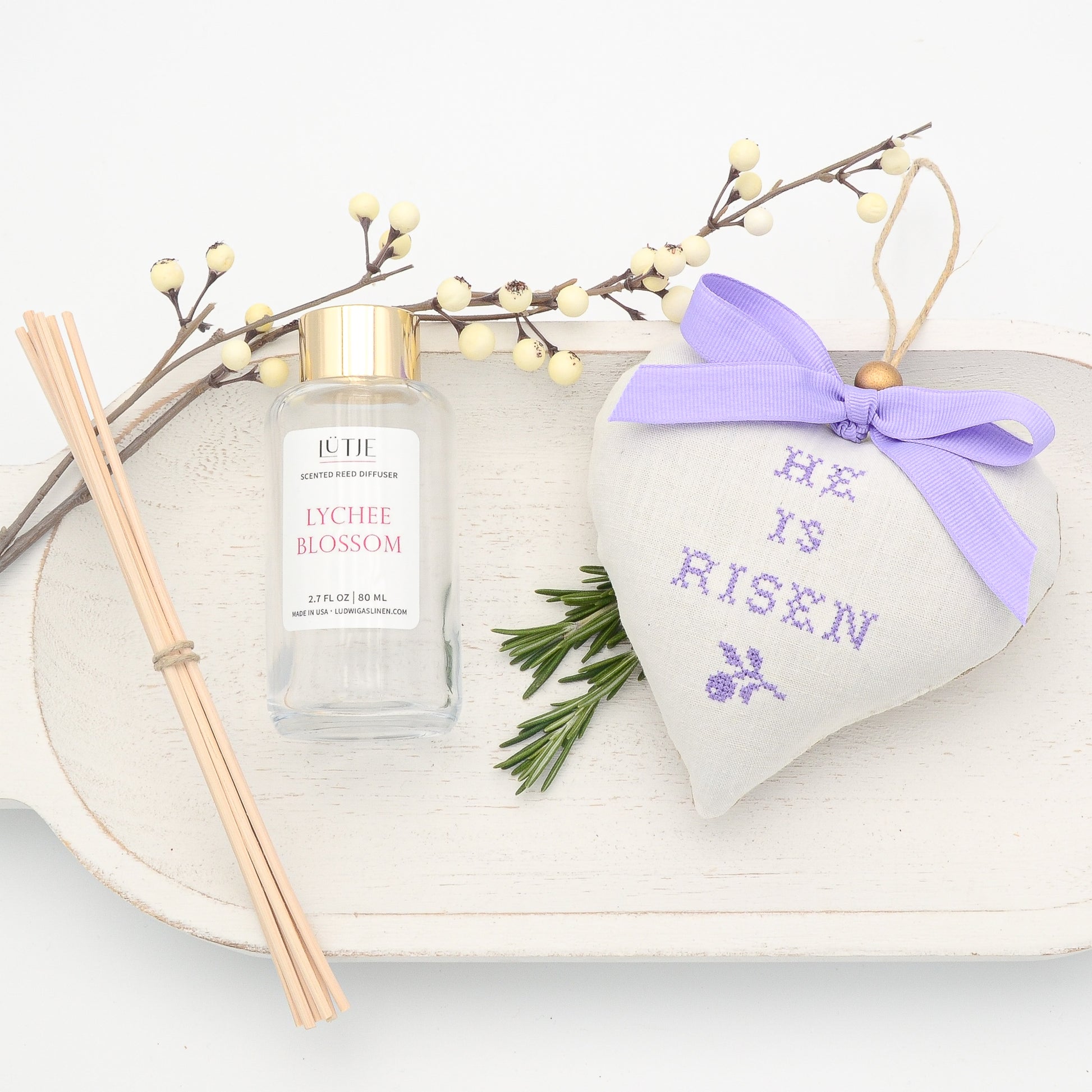 Lychee Blossom Reed Diffuser with He Is Risen  Lavender Sachet Heart
