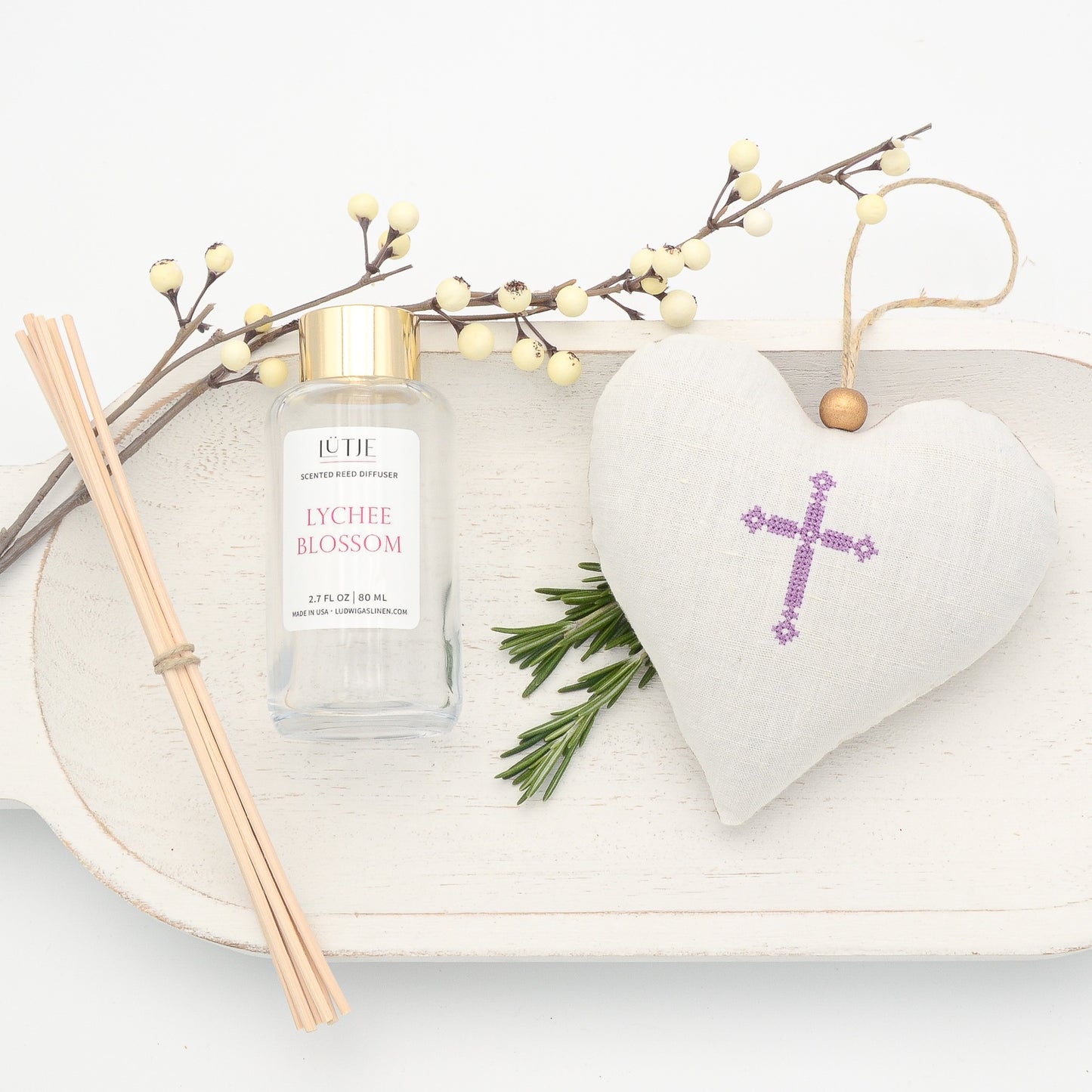 Lychee Blossom Reed Diffuser with Purple Cross Lavender Sachet Heart