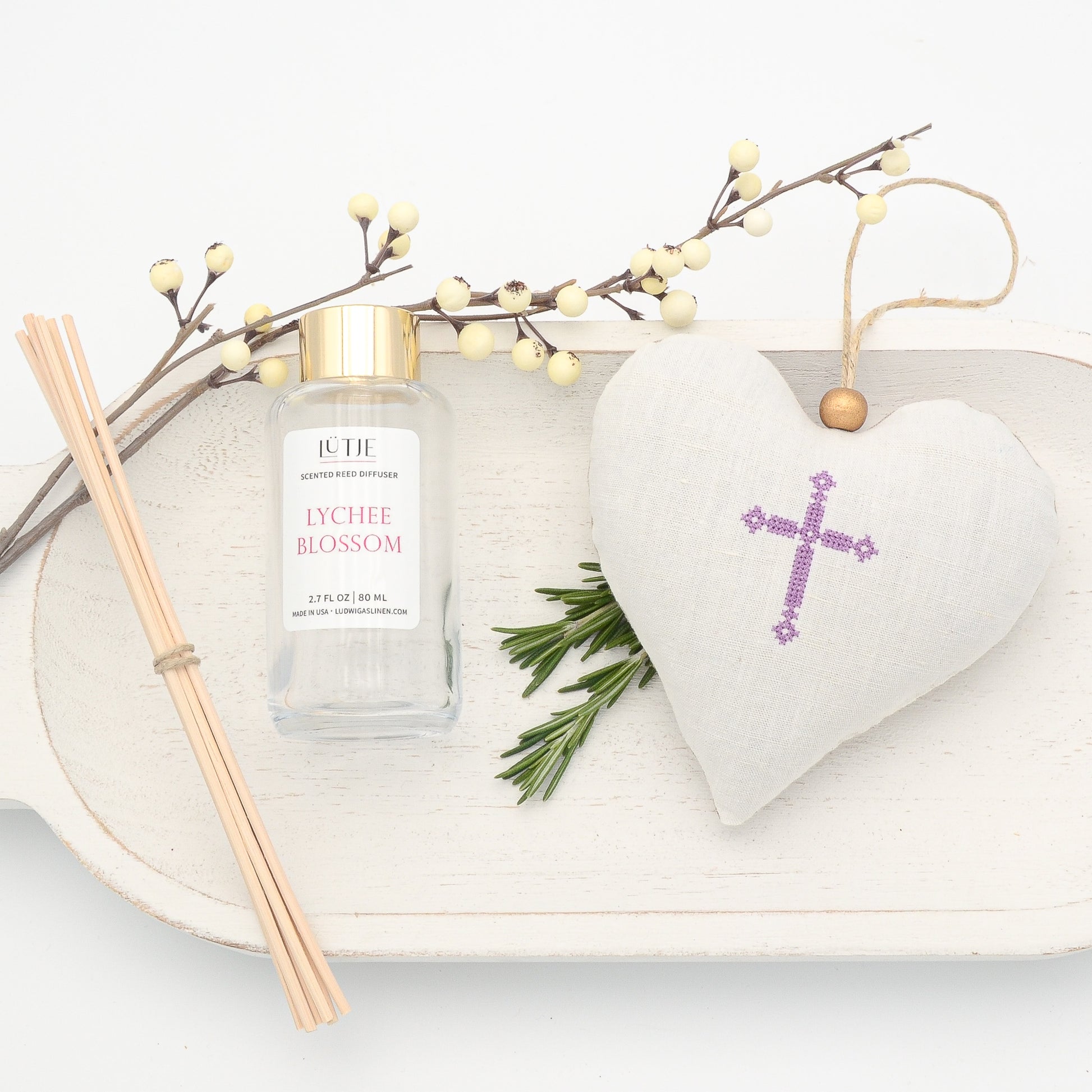Lychee Blossom Reed Diffuser with Purple Cross Lavender Sachet Heart