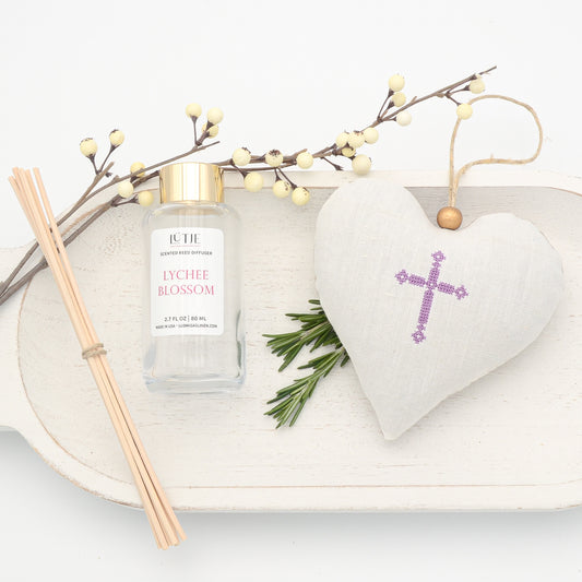 Lychee Blossom Reed Diffuser with Purple Cross Lavender Sachet Heart