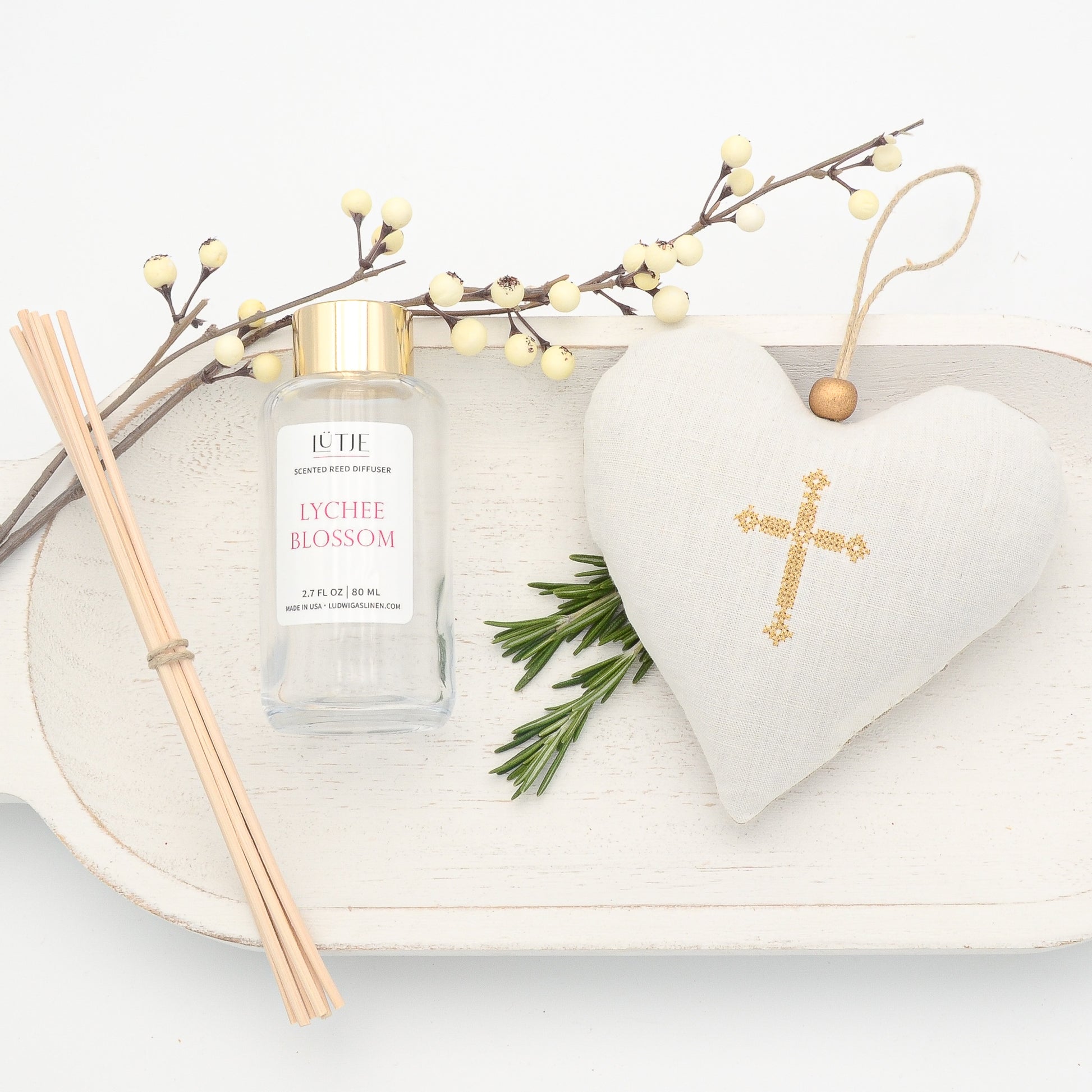 Lychee Blossom Reed Diffuser with Gold Cross Lavender Sachet Heart