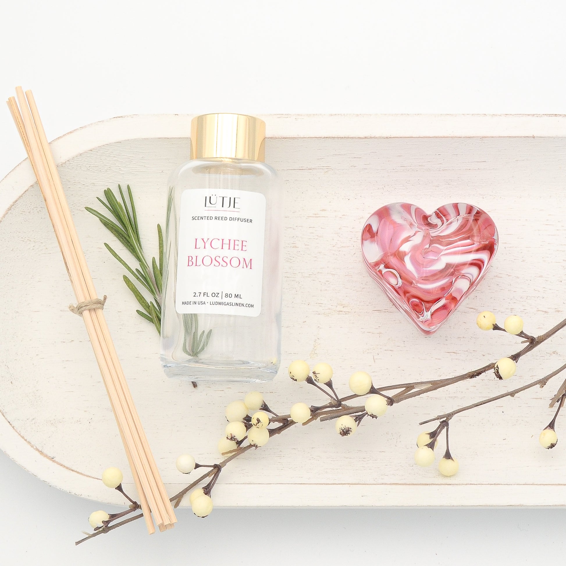 Lychee Blossom Reed Diffuser with Blossom Handblown Glass Heart