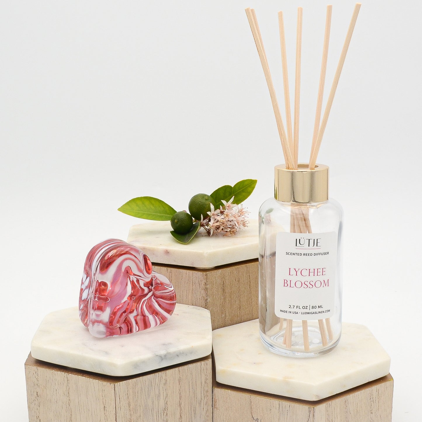 Lychee Blossom Reed Diffuser with Blossom Handblown Glass Heart