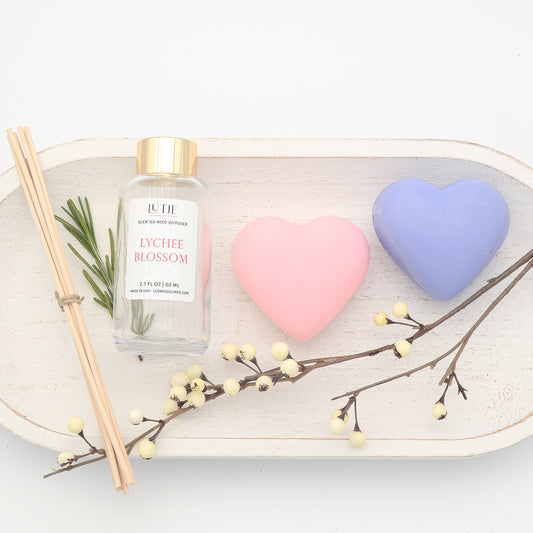 Lychee Blossom Reed Diffuser with Tea Rose  & Lavender Heart  French Soaps Gift Set