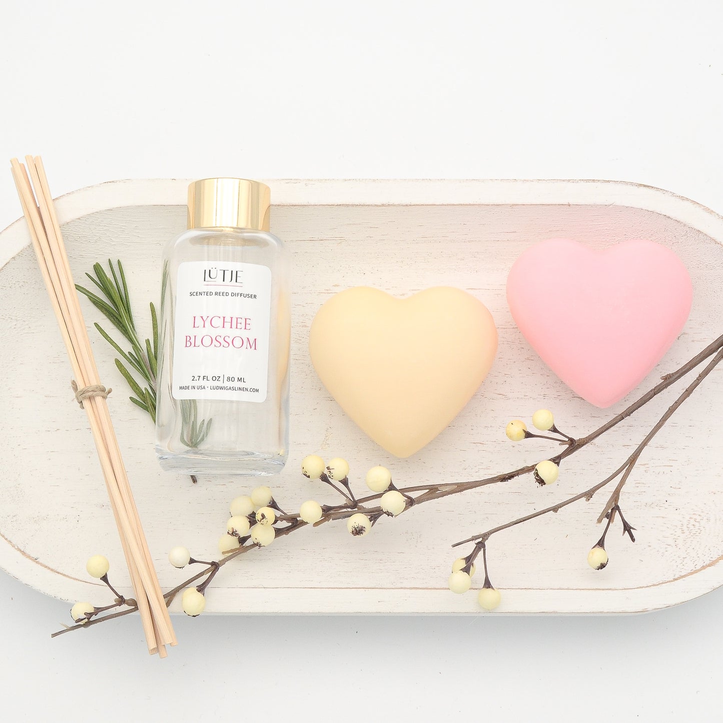 Lychee Blossom Reed Diffuser with French Tulip & Tea Rose Heart Soaps Gift Set