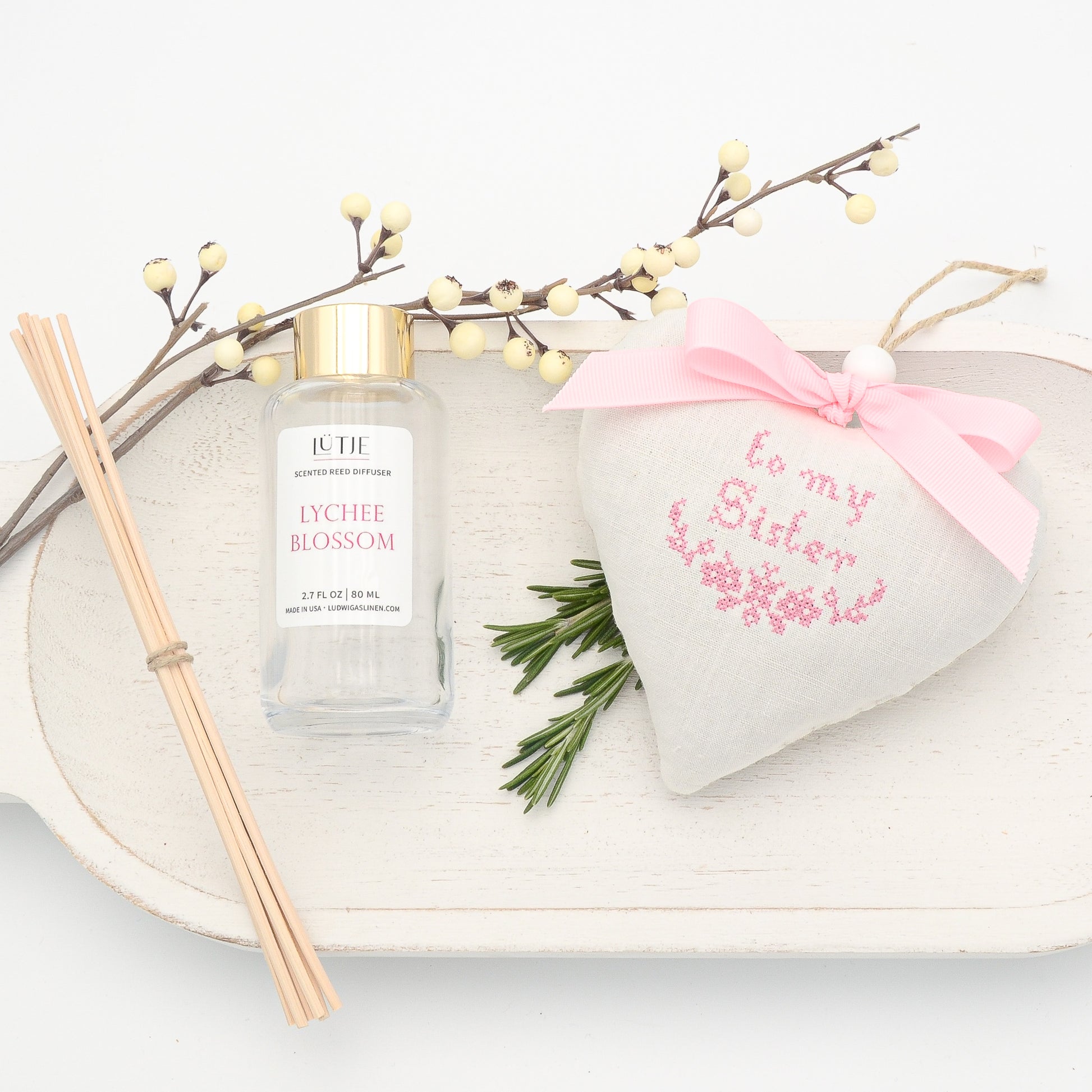Lychee Blossom Reed Diffuser with To My Sister Lavender Sachet Heart