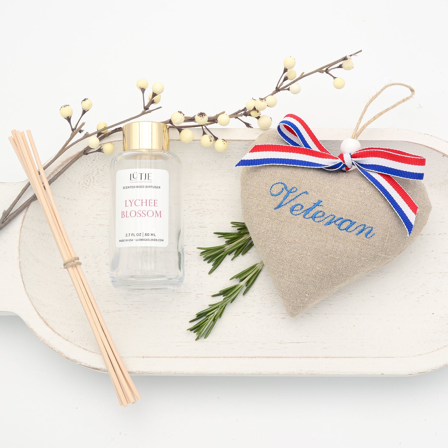 Lychee Blossom Reed Diffuser with Veteran Lavender Sachet Heart