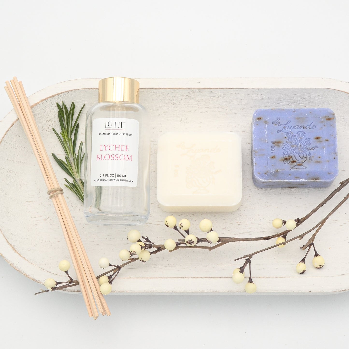 Lychee Blossom Reed Diffuser with Milk & Lavender Flower French Soap Gift Set