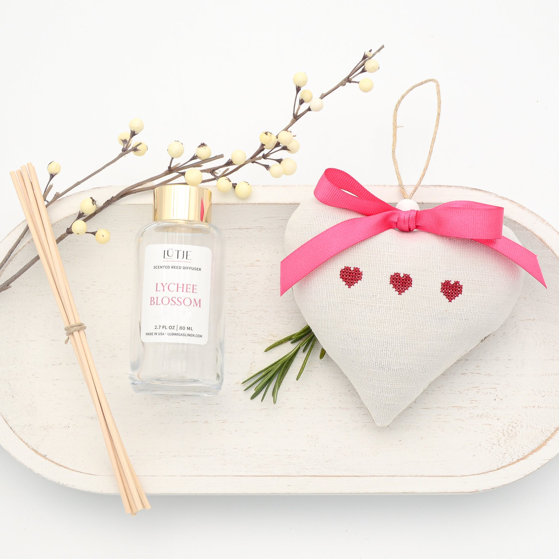 Lychee Blossom Reed Diffuser with Three Red Hearts Lavender Sachet Heart