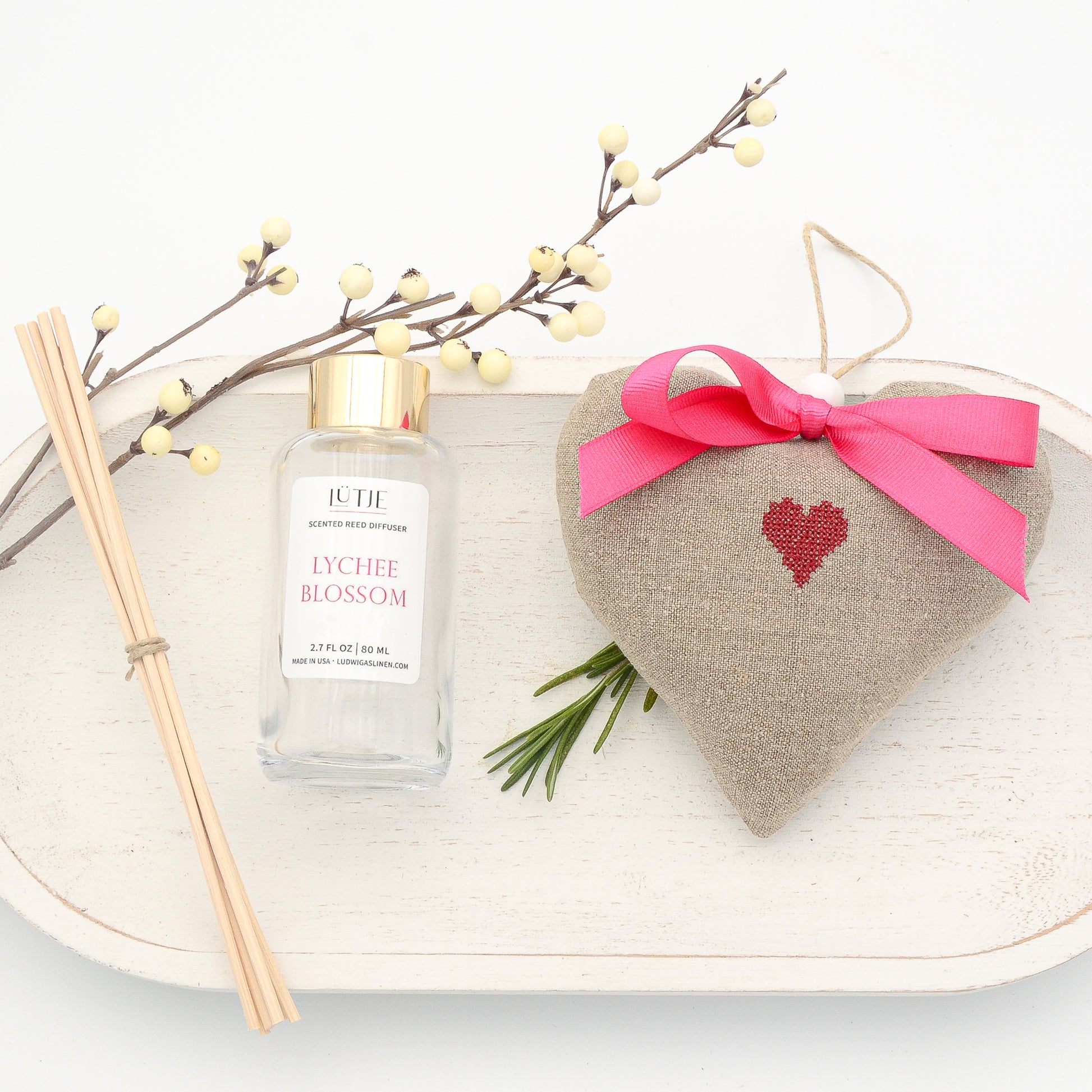 Lychee Blossom Reed Diffuser with Red Heart Lavender Sachet Heart