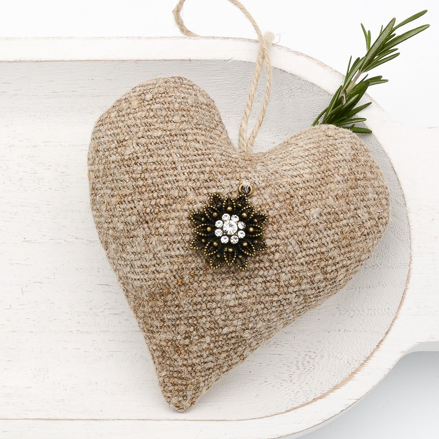 Antique European grain sack linen lavender sachet heart, neutral tone linen embellished with rhinestone charm, hemp twine tie, filled with high quality lavender from Provence France