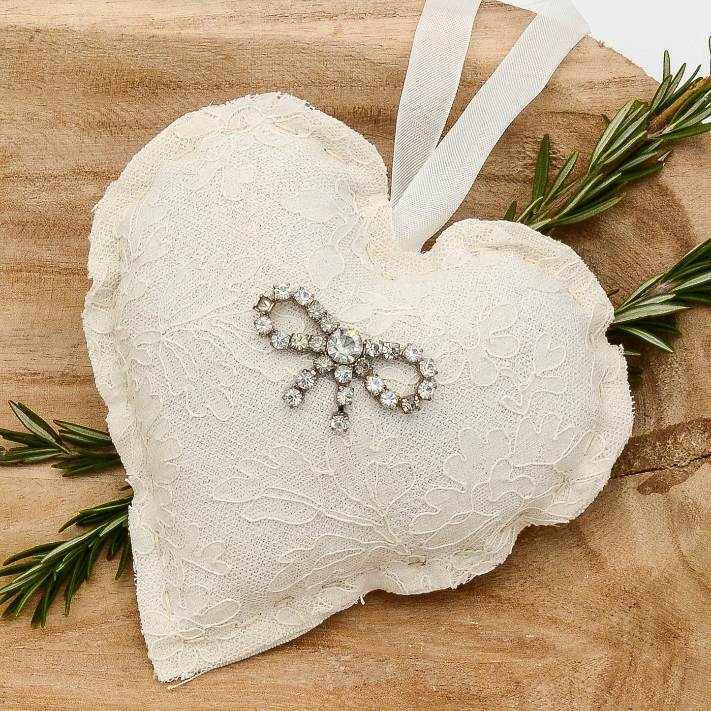 Lavender sachet heart made from antique/vintage lace, antique European white linen, embellished with vintage jewelry piece, white ribbon tie, filled with high quality lavender from Provence France