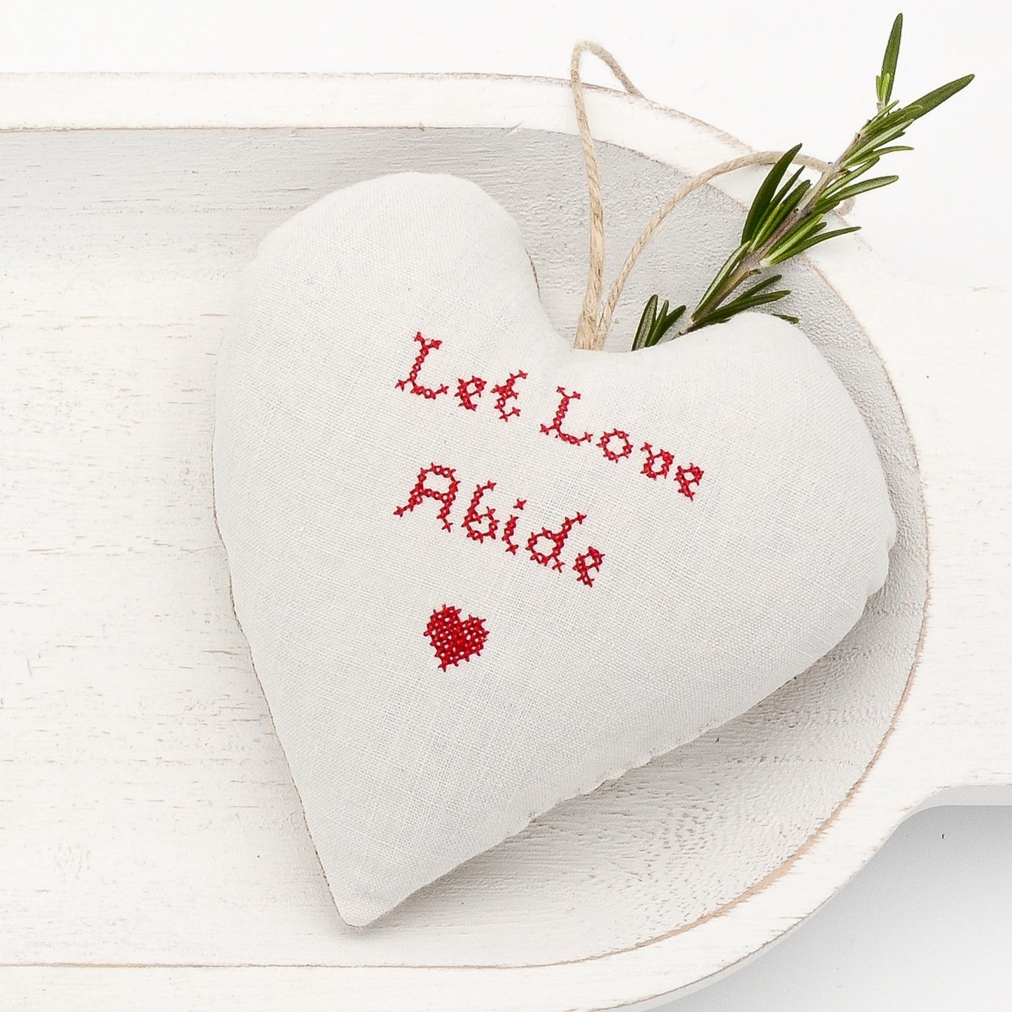 Antique European white linen lavender sachet heart, "Let Love Abide" embroidered in red cross stitch, hemp twine tie, filled with high quality lavender from Provence France