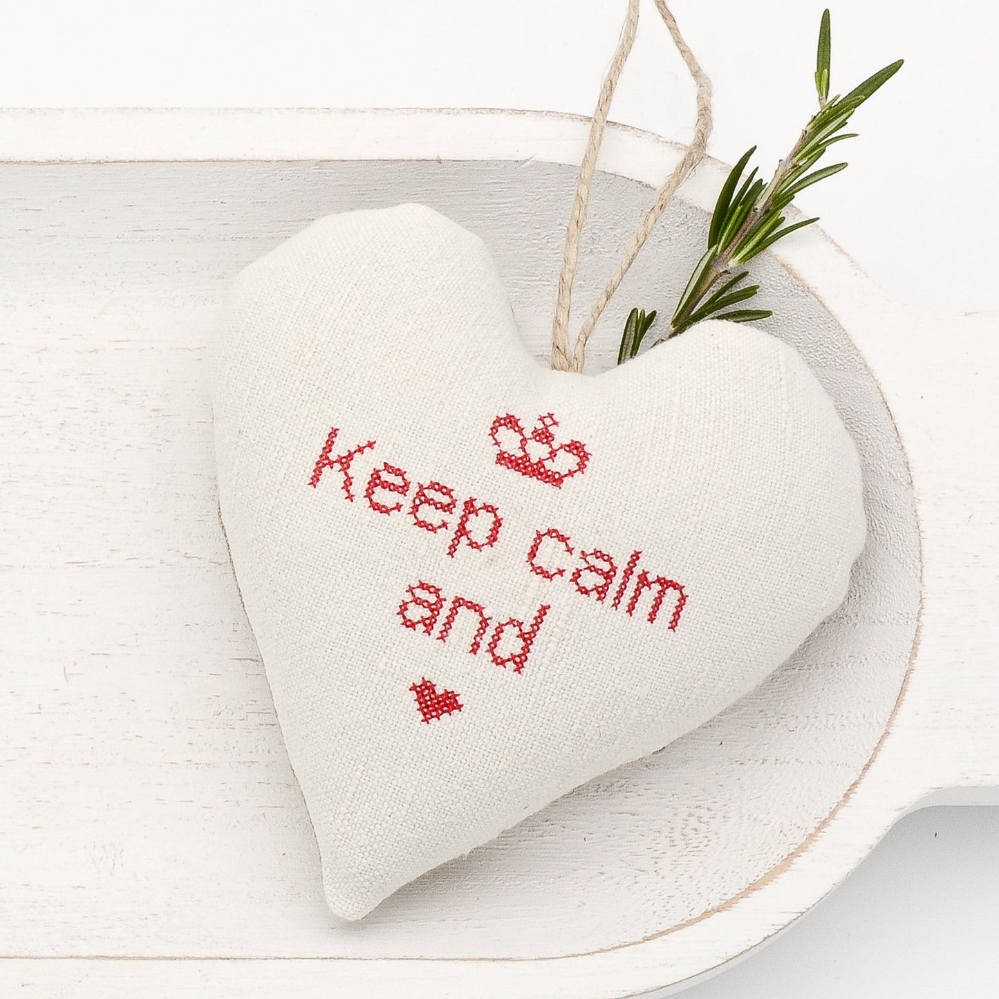 Antique European white linen lavender sachet heart, crown and "Keep calm and love" embroidered in red cross stitch, hemp twine tie, filled with high quality lavender from Provence France