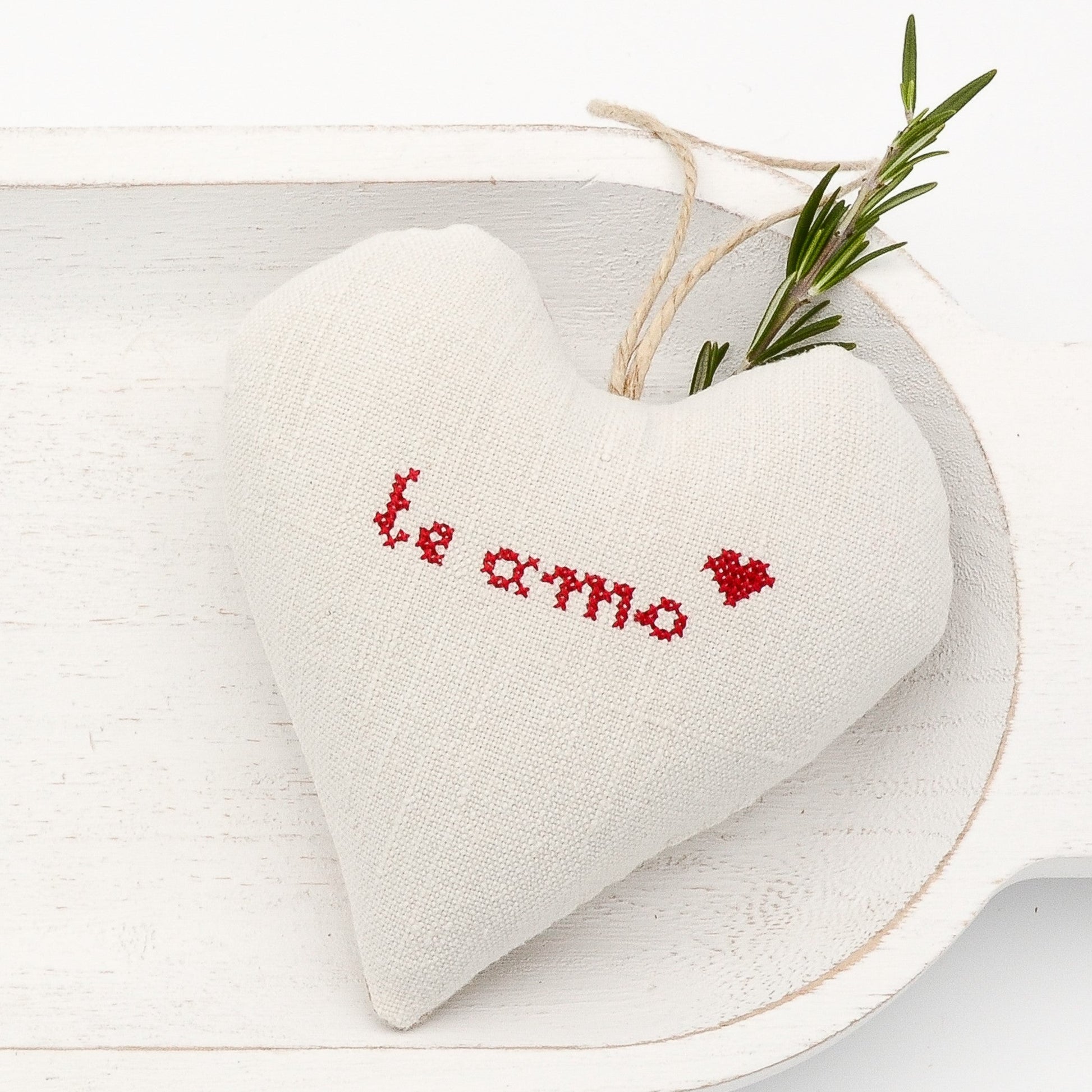 Antique European white linen lavender sachet heart, "te amo" (Spanish) embroidered in red cross stitch, hemp twine tie, filled with high quality lavender from Provence France