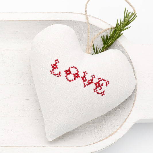 Antique European white linen lavender sachet heart, "LOVE" embroidered in red cross stitch, hemp twine tie, filled with high quality lavender from Provence France