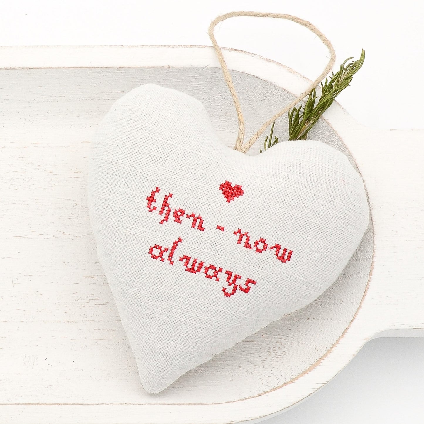 Antique European white linen lavender sachet heart, "then now always" embroidered in red cross stitch, hemp twine tie, filled with high quality lavender from Provence France