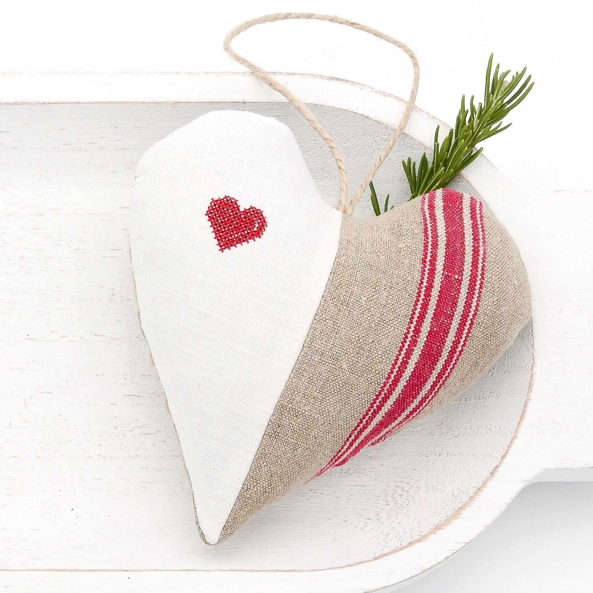 Antique European white linen and red-striped German mangle cloth natural tone linen lavender sachet heart, heart embroidered in red cross stitch, hemp twine tie, filled with high quality lavender from Provence France