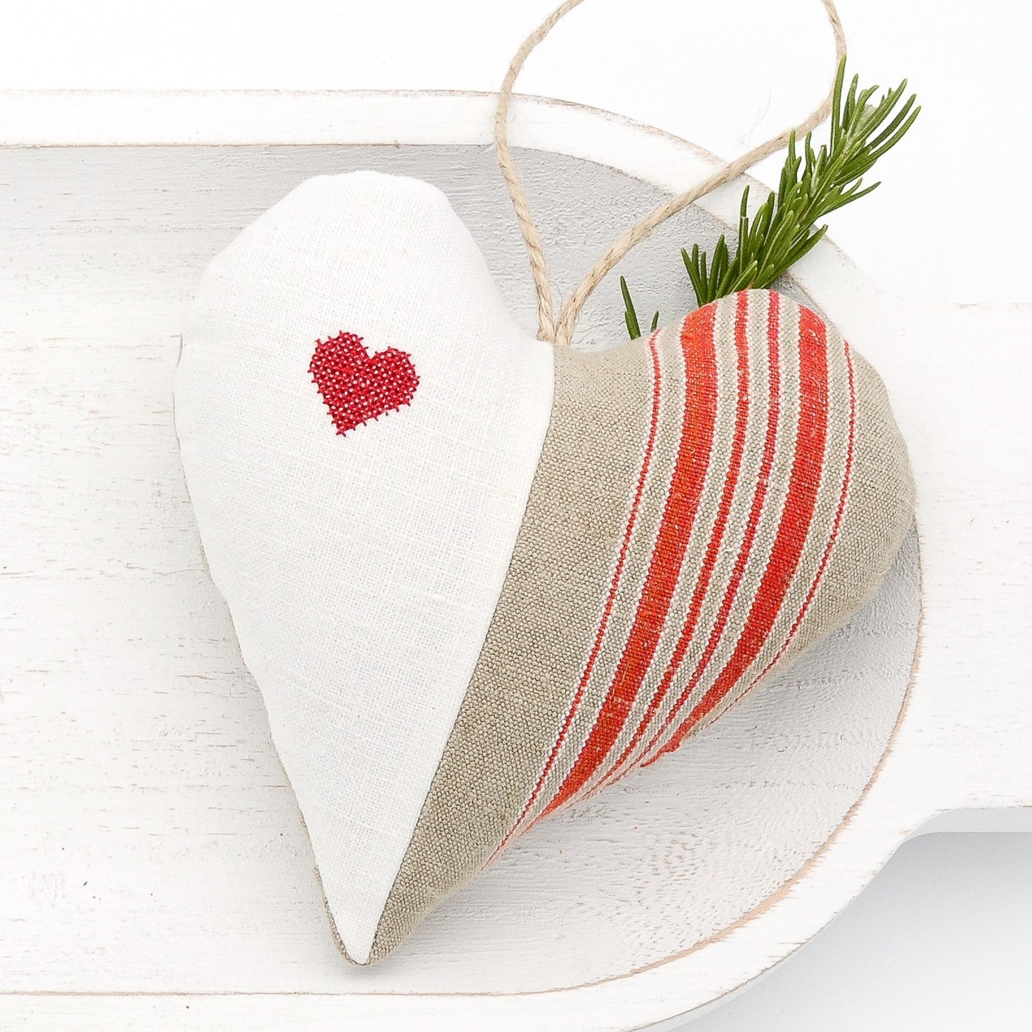 Antique European white linen and red-striped German mangle cloth natural tone linen lavender sachet heart, heart embroidered in red cross stitch, hemp twine tie, filled with high quality lavender from Provence France