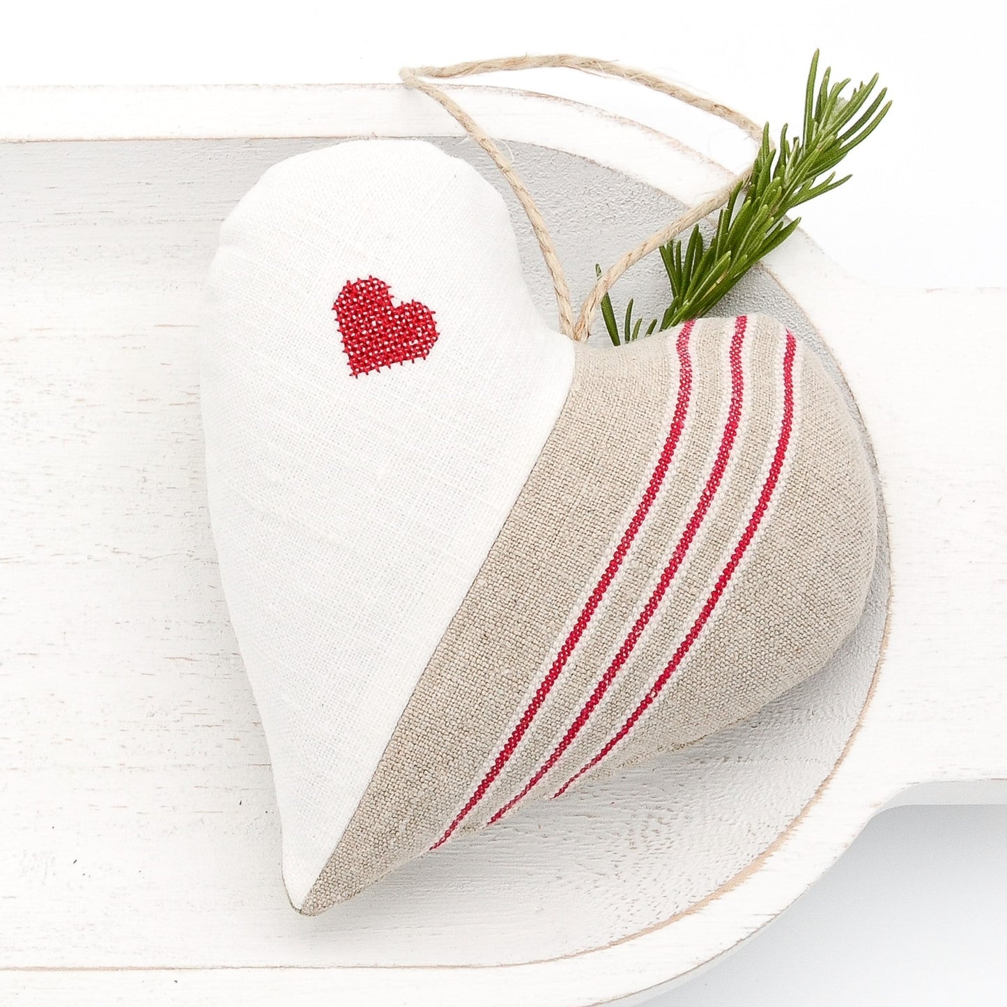 Antique European white linen and red-striped German mangle cloth natural tone linen lavender sachet heart, heart embroidered in red cross stitch, hemp twine tie, filled with high quality lavender from Provence France