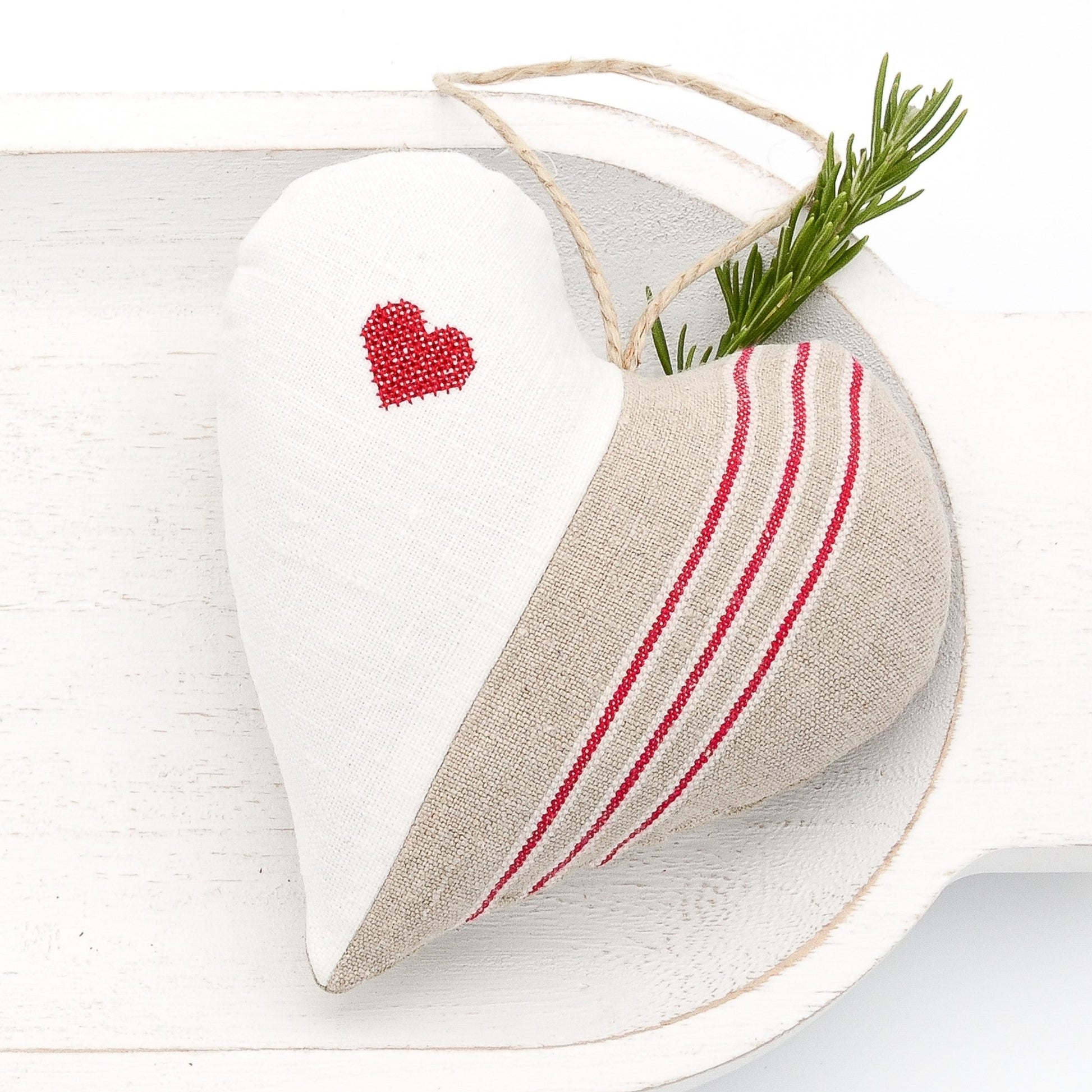 Antique European white linen and red-striped German mangle cloth natural tone linen lavender sachet heart, heart embroidered in red cross stitch, hemp twine tie, filled with high quality lavender from Provence France