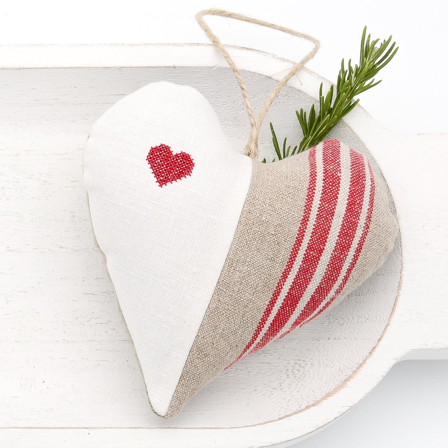 Antique European white linen and red-striped German mangle cloth natural tone linen lavender sachet heart, heart embroidered in red cross stitch, hemp twine tie, filled with high quality lavender from Provence France