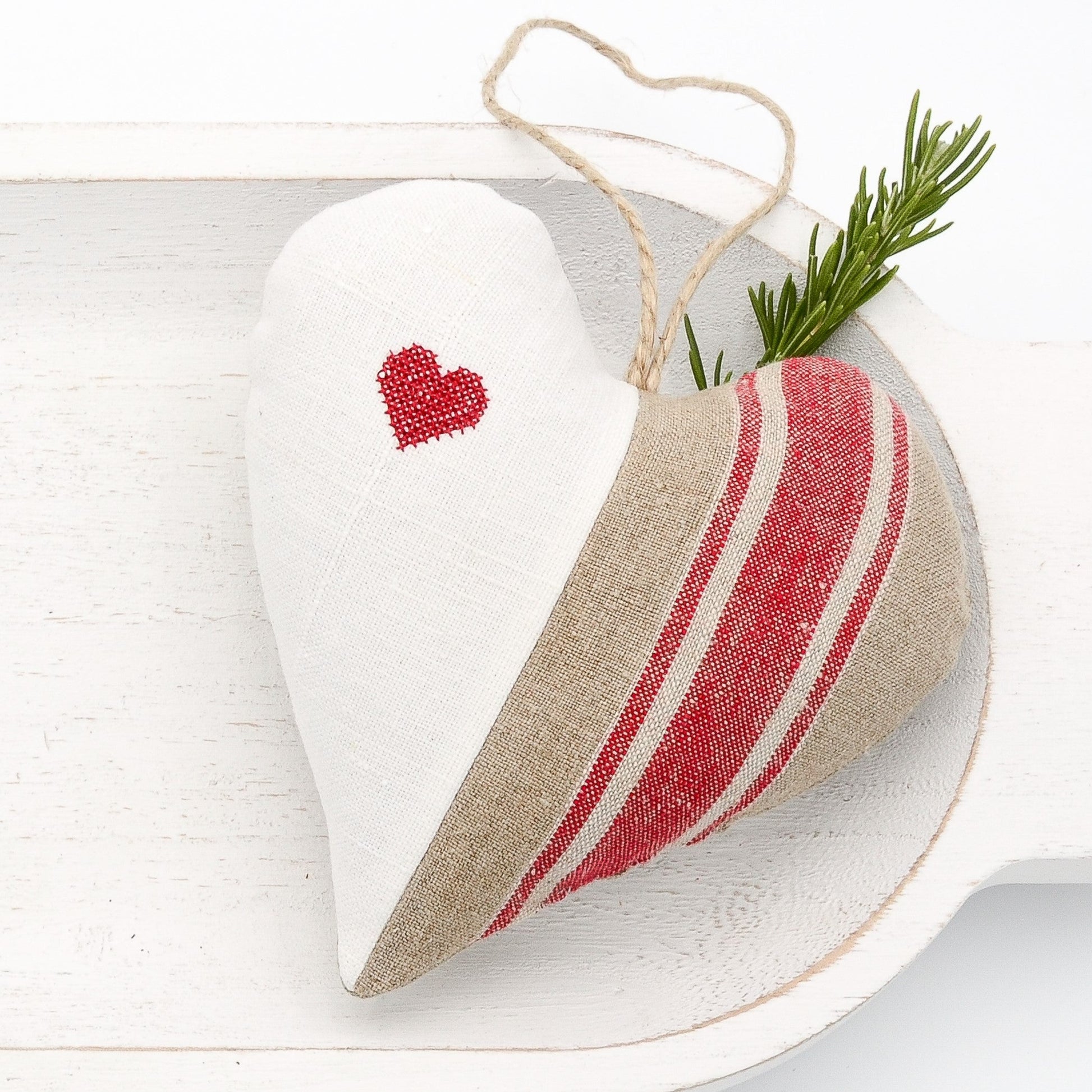 Antique European white linen and red-striped German mangle cloth natural tone linen lavender sachet heart, heart embroidered in red cross stitch, hemp twine tie, filled with high quality lavender from Provence France