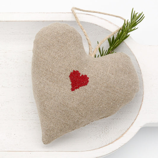 Vintage German mangle cloth natural tone linen lavender sachet heart, heart embroidered in red cross stitch, hemp twine tie, filled with high quality lavender from Provence France