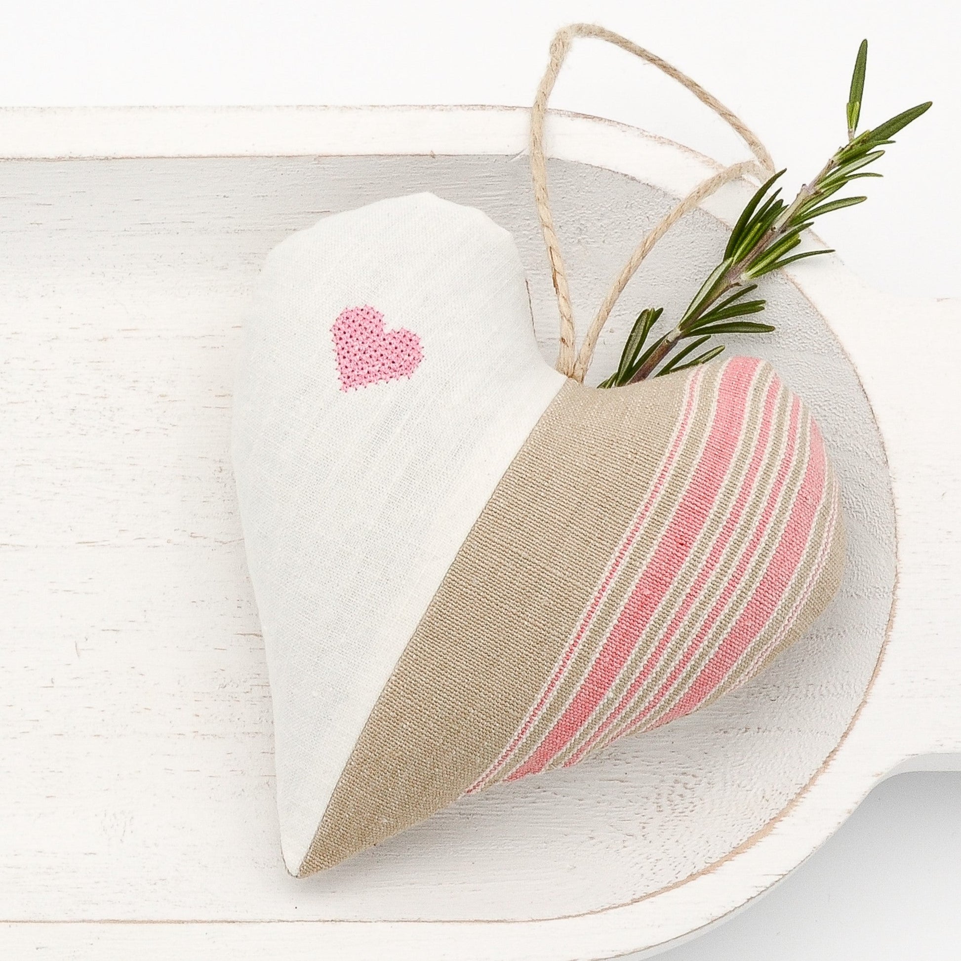 Antique European linen and pink-striped German mangle cloth natural tone linen lavender sachet heart, heart embroidered in pink cross stitch, hemp twine tie, filled with high quality lavender from Provence France