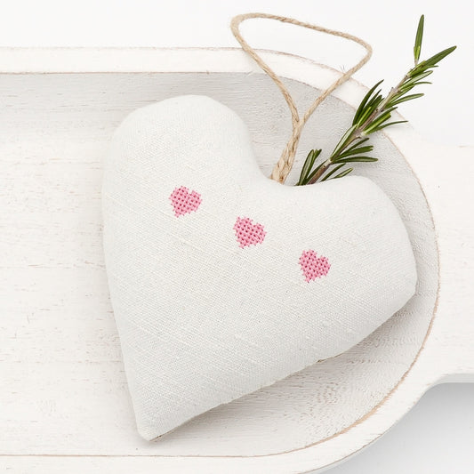 Antique European white linen lavender sachet heart, three hearts embroidered in pink cross stitch, hemp twine tie, filled with high quality lavender from Provence France