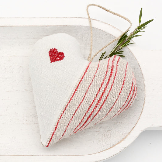 Antique European linen and red-striped vintage German cotton lavender sachet heart, heart embroidered in red cross stitch, hemp twine tie, filled with high quality lavender from Provence France