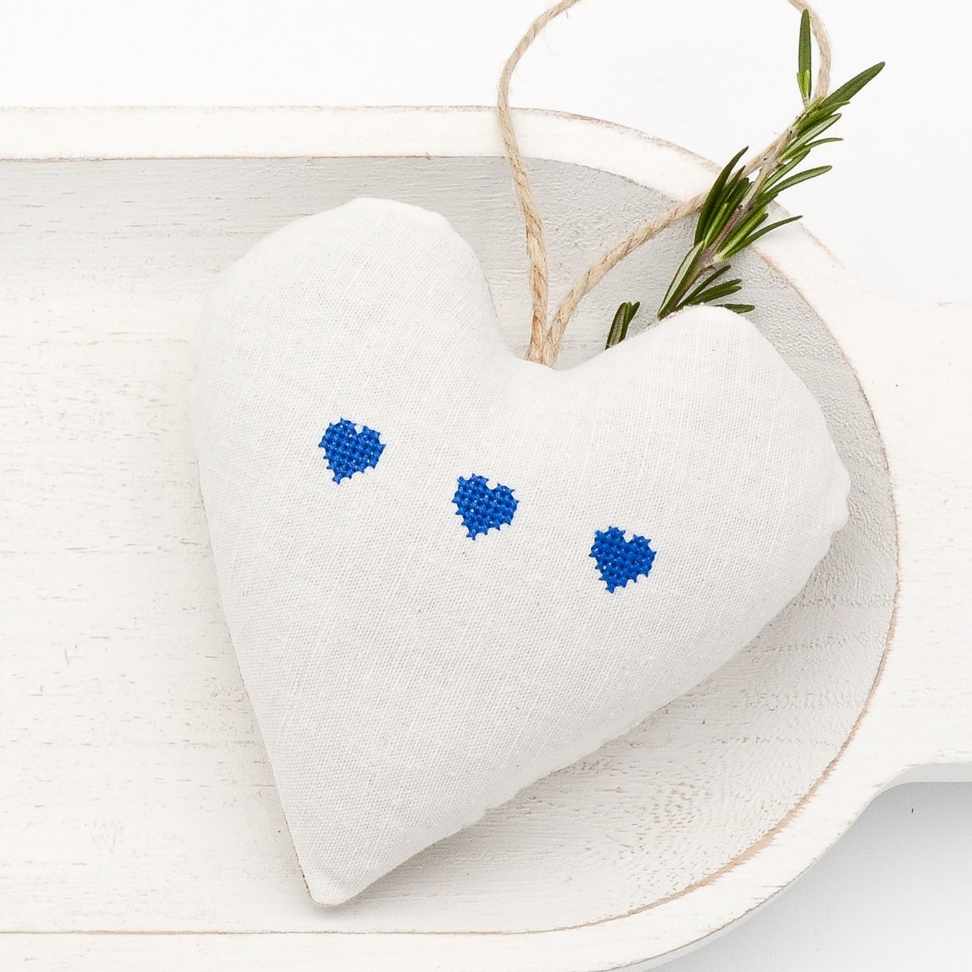 Antique European white linen lavender sachet heart, three hearts embroidered in blue cross stitch, hemp twine tie, filled with high quality lavender from Provence France