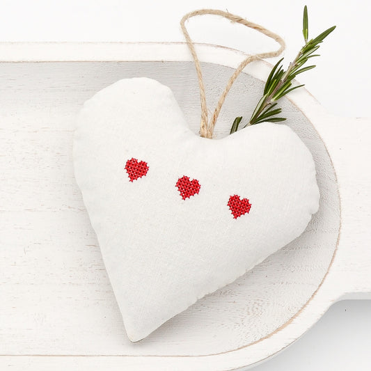 Antique European white linen lavender sachet heart, three hearts embroidered in red cross stitch, hemp twine tie, filled with high quality lavender from Provence France