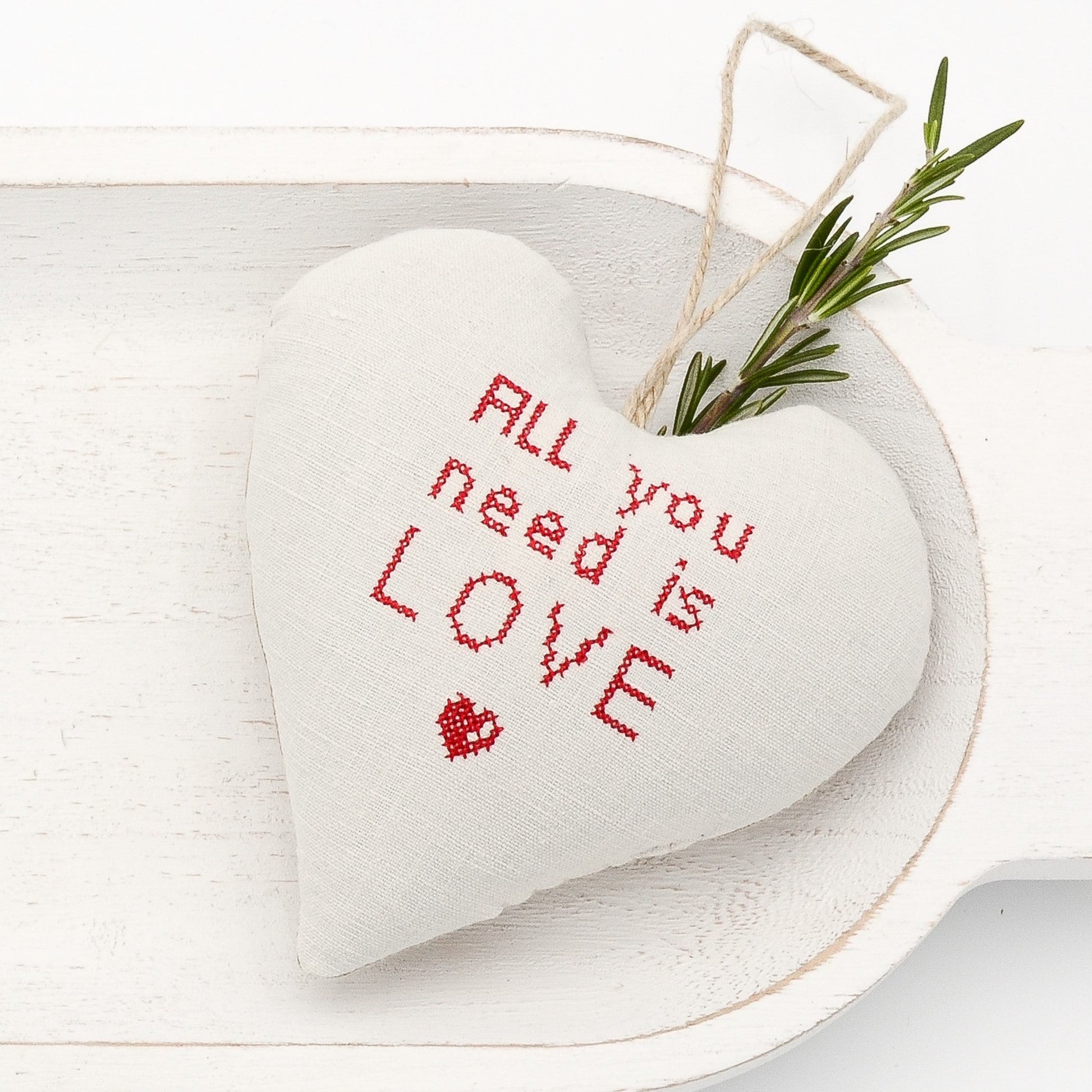 Antique European white linen lavender sachet heart, "All you need is Love" embroidered in red cross stitch, hemp twine tie, filled with high quality lavender from Provence France