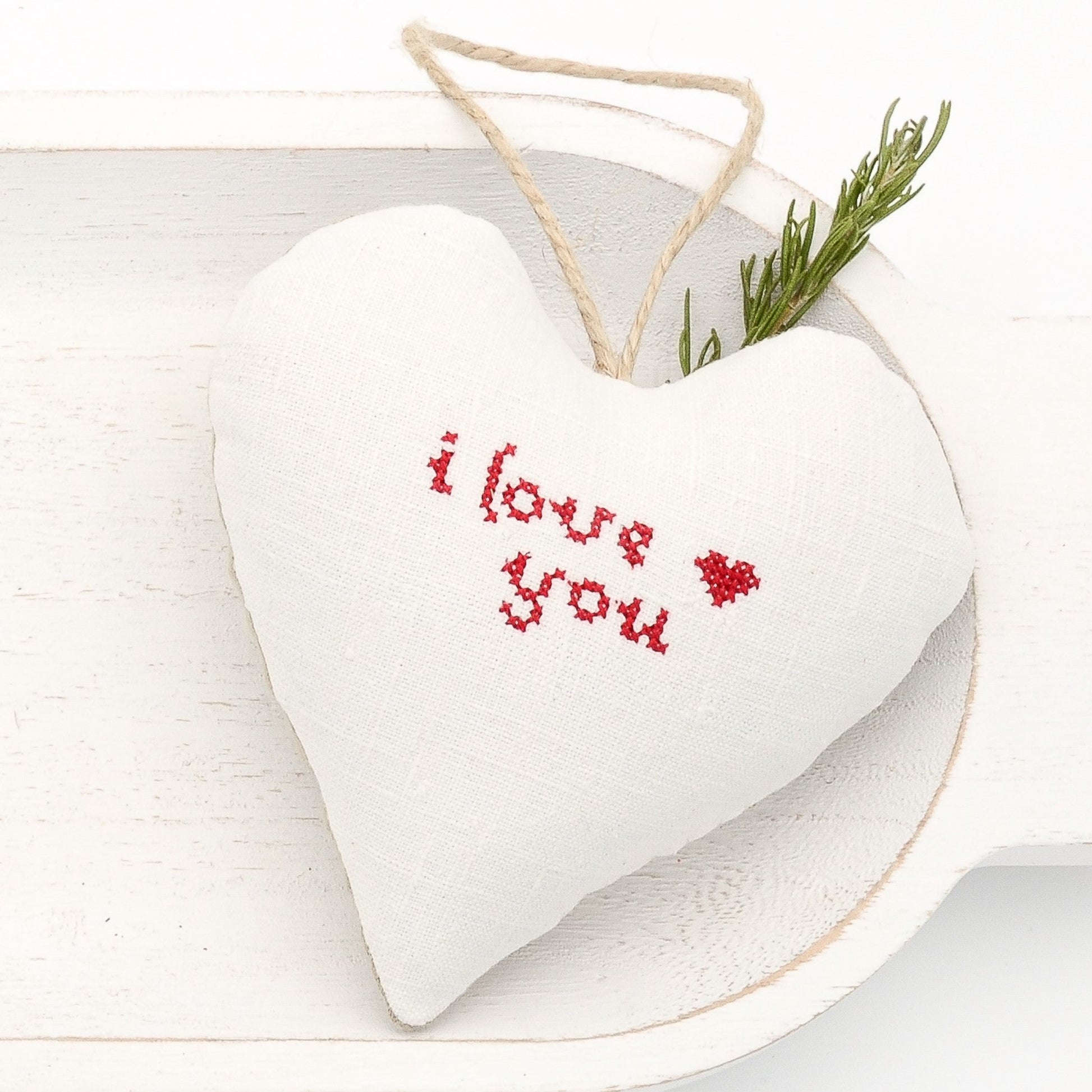 Antique European white linen lavender sachet heart, "I love you" embroidered in red cross stitch, hemp twine tie, filled with high quality lavender from Provence France