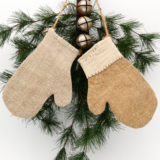 Rustic Christmas Decoration - Antique Linen Mittens