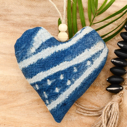 Lavender sachet heart made from vintage handwoven Ndop cotton cloth from Africa, deep rich blue color with white markings , hemp twine tie with wooden beads, filled with high quality lavender from Provence France