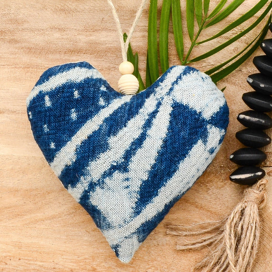 Lavender sachet heart made from vintage handwoven Ndop cotton cloth from Africa, deep rich blue color with white markings , hemp twine tie with wooden beads, filled with high quality lavender from Provence France