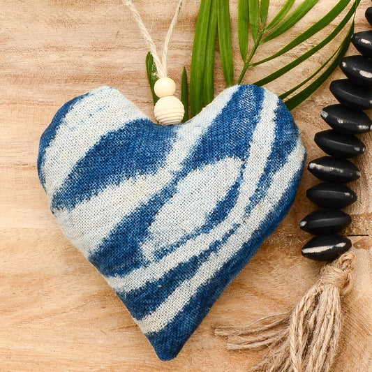 Lavender sachet heart made from vintage handwoven Ndop cotton cloth from Africa, deep rich blue color with white markings , hemp twine tie with wooden beads, filled with high quality lavender from Provence France