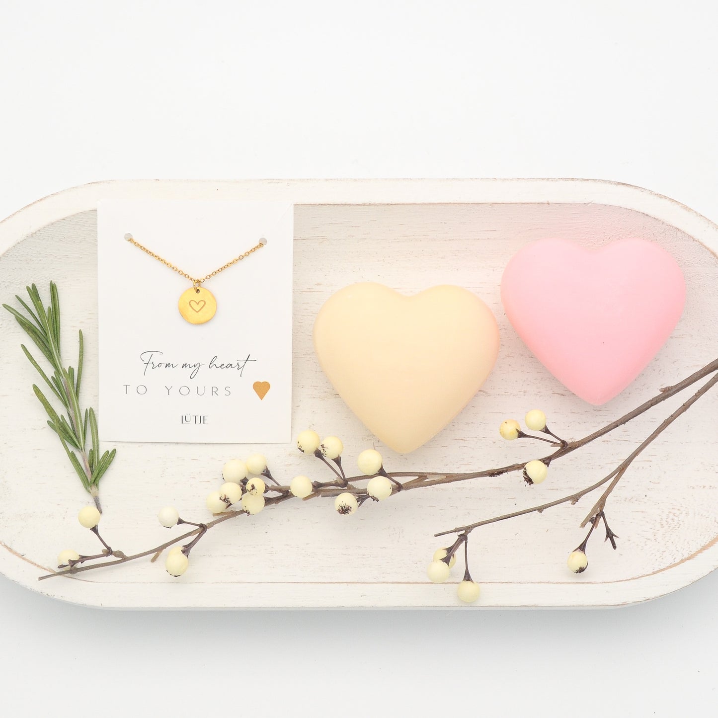 18K Gold-Plated Heart Necklace with French Tulip & Tea Rose Heart Soaps Gift Set