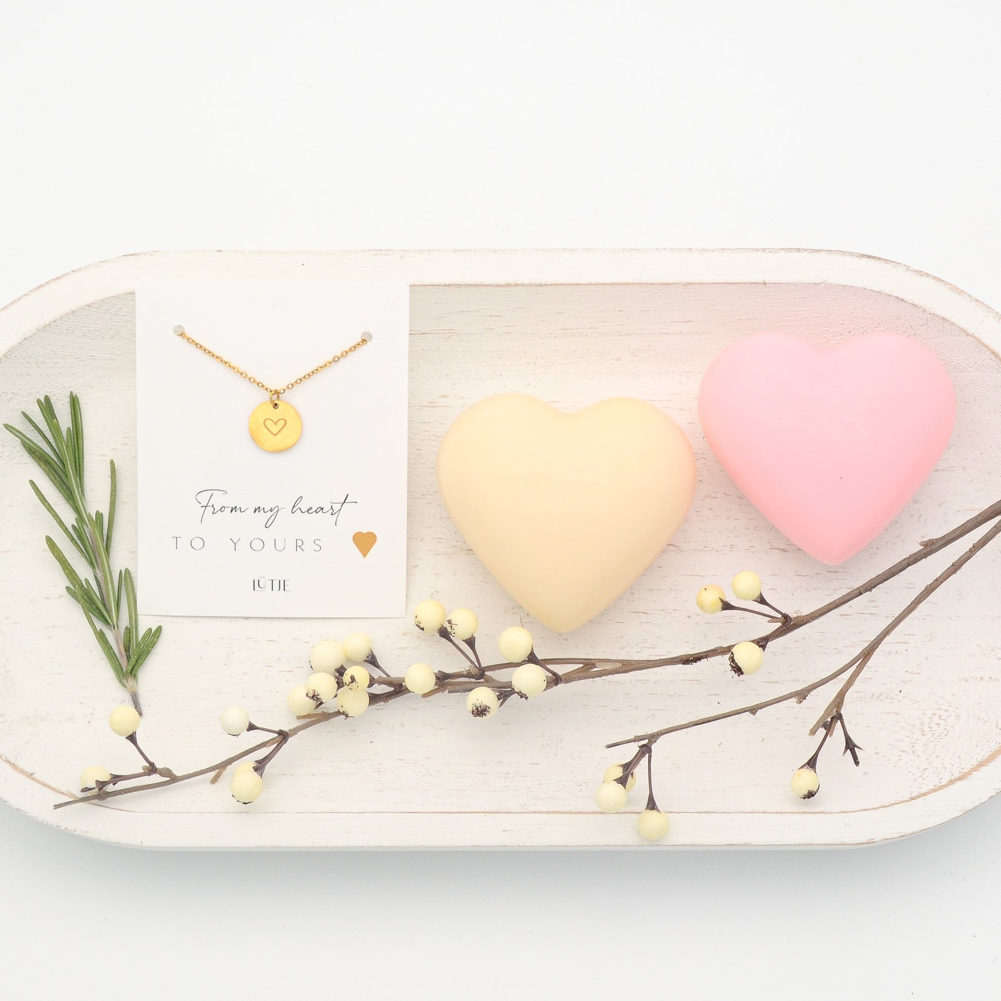 18K Gold-Plated Heart Necklace with French Tulip & Tea Rose Heart Soaps Gift Set