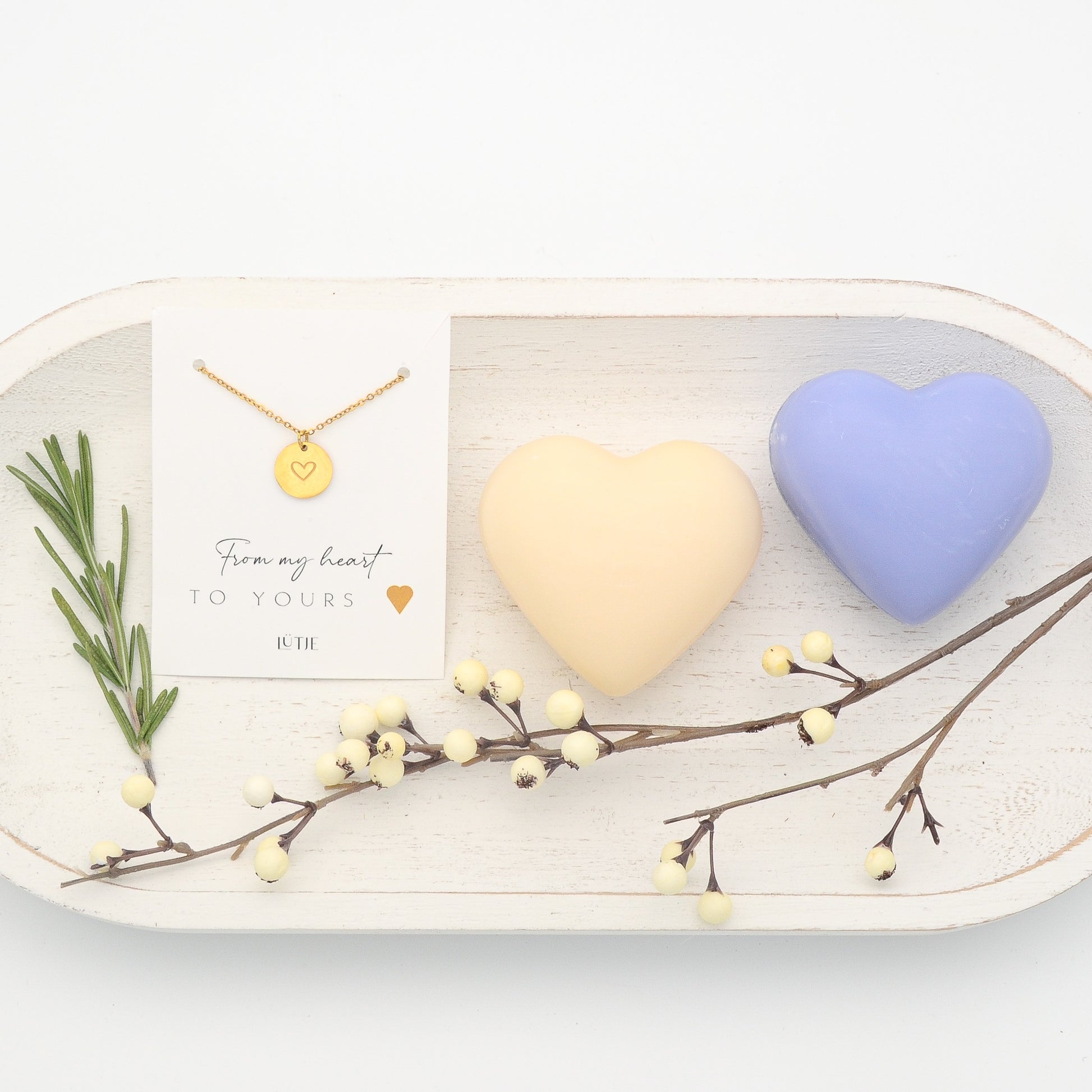 18K Gold-Plated Heart Necklace with Tea Rose  & Lavender Heart  French Soaps Gift Set