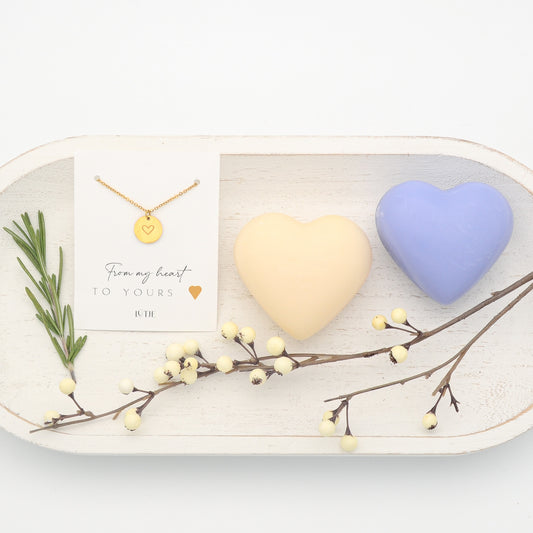 18K Gold-Plated Heart Necklace with Tea Rose  & Lavender Heart  French Soaps Gift Set