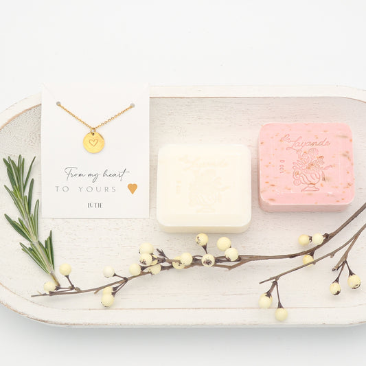 18K Gold-plated Heart Necklace with Milk & Rose Petal French Soap Gift Set