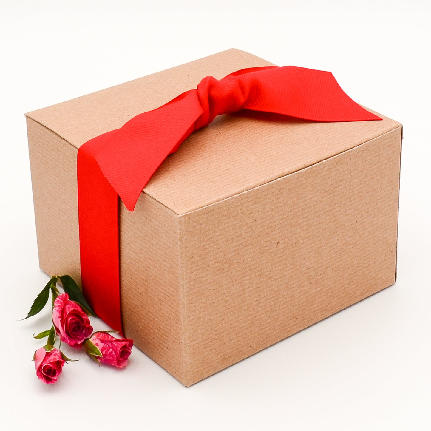 Kraft gift box with blue grosgrain ribbon